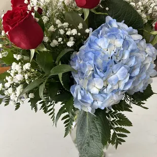 Red roses and hydrangeas.