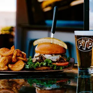 a burger and onion rings
