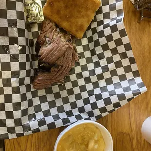 Brisket with corn bread and Mac-N-Cheese