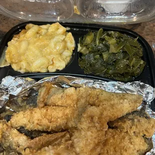 Fried fish, Mac and greens