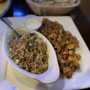 Crawfish Tails with dirty rice (perfect spice on the tails-grilled)