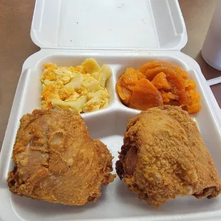 a meal in a styrofoam container
