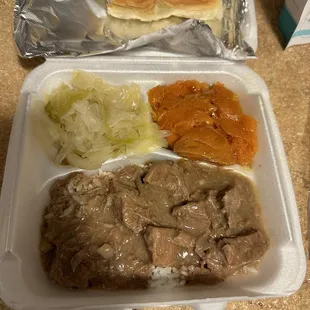 Beef Tips with rice and gravy, yams and cabbage