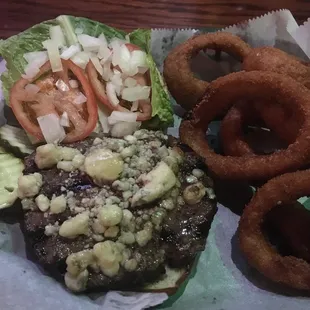 Burger with blue cheese &amp; onion rings