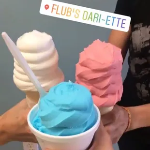 left: vanilla soft serve  middle: blue raspberry sherbet right: strawberry sherbet
