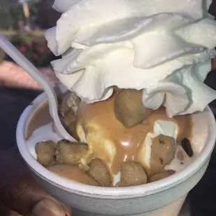Cyclone with peanut butter sauce, hot fudge and cookie dough