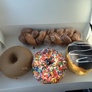 Maple Donut, tiger tail, Boston cream, rainbow sprinkle