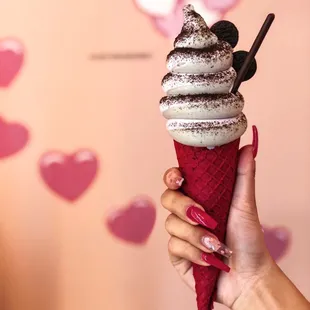 Black sesame &amp; taro swirl on a red velvet cone (unlimited toppings)