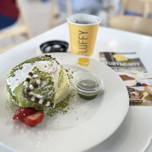 Matcha white chocolate pancakes