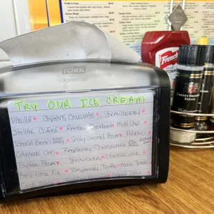 Ice cream menu