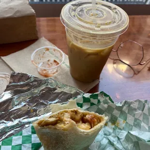 Green Chile burrito with oat milk cold brew