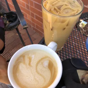 Oat milk latte and a &apos;groundhog&apos; - cold brew, oat milk and ice.