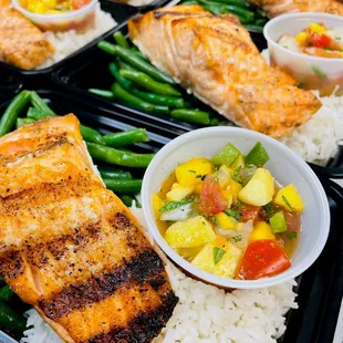salmon, rice and vegetables