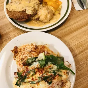 Country fried steak and eggs Benedict Florentine style.