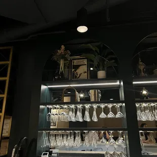 wine glasses on shelves