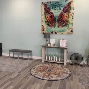 Cute area to fill out paperwork, catch your breath and hydrate.