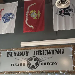 flags hanging from the ceiling