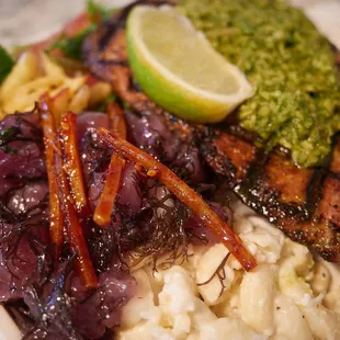Grilled ahi w/ ginger scallion (plates come with rice, mac salad, green salad, teagu add fresh ahi limu poke)