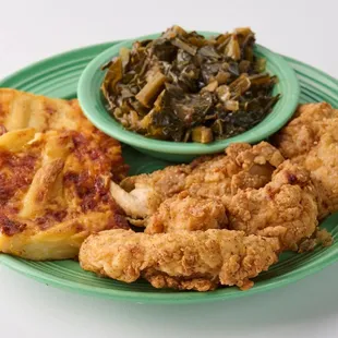 fried chicken, greens, and a side dish