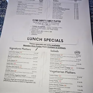 Lunch menu and sides