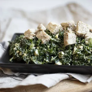 Chicken and kale Caesar salad. A gluten-free protein powerhouse!