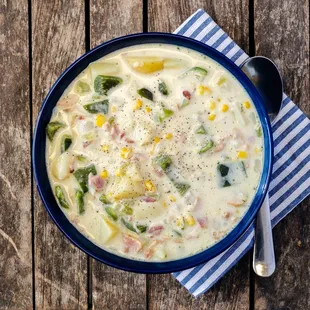 Corn chowder with bacon and poblanos.