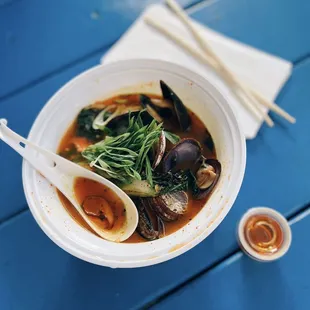 Korean Noodle Soup with clams and mussels. Side of chili oil too :)