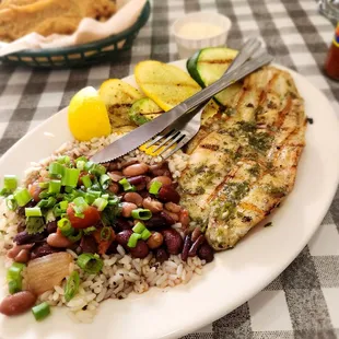 Grilled Catfish, Red Beans n Rice, Grilled veggies.