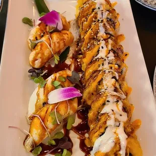 West coast roll, seared salmon and hamachi w/ sauce