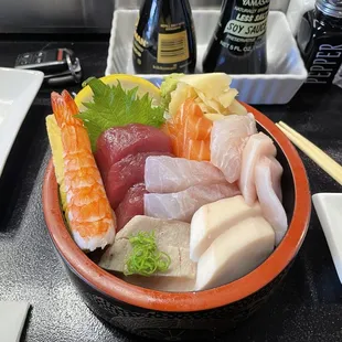 Chirashi bowl. Generous portion of fresh sashimi.