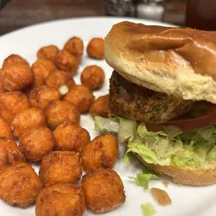 Mahi sandwich with sweet tots