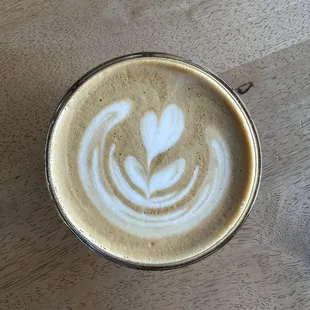 a cup of coffee on a wooden table