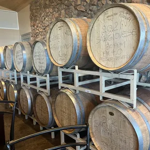 barrels stacked on a rack