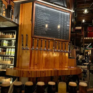 a flight of beers on a bar