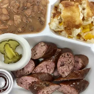 Sausage Plate with Pinto Beans and Peach Cobbler