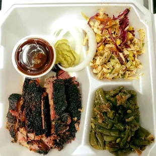 Brisket plate with our Southwest Coleslaw and Green Beans.