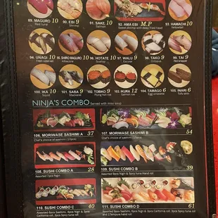 menu, sushi and sashimi