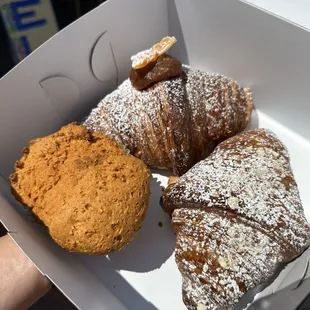 Pumpkin almond cream croissant, citrus date croissant, red chile cornbread