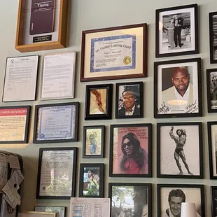 a wall full of framed pictures