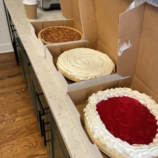 Chocolate Cream, Strawberry  Cheesecake Pie,  Chocolate Cream