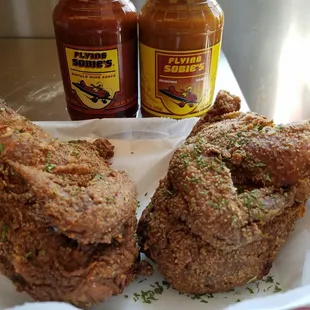 Our deep fried cornish hens pair well with our FLYING Sobies brand sauces!