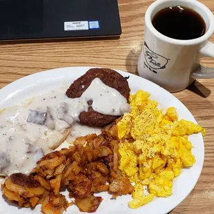 a plate of food and a cup of coffee