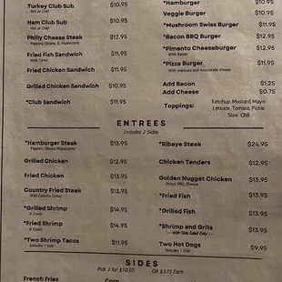 Menu Subs, Sandwiches, Burgers, Entrees and Sides