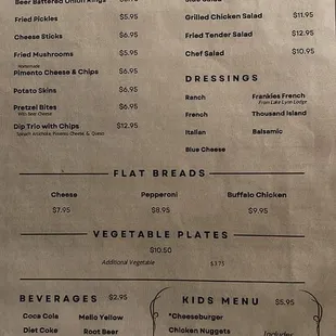 Menu Starters, Salads, Flat Breads, Vegetables, Beverages and Kids Meals