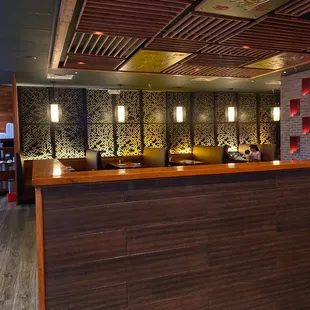 a view of a restaurant counter