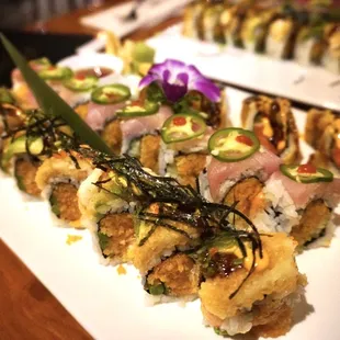 a variety of sushi rolls