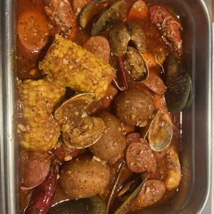 Crawfish, shrimp, mussels, sausage, potatoes and corn on the cob