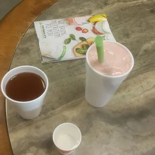 a smoothie and two cups of tea