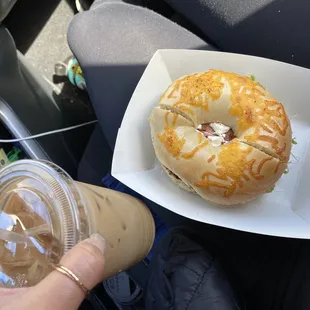 a bagel and iced coffee