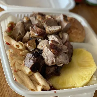 Chili pasta, garlic pork, picanha, cheese bread, and a slice of fresh pineapple, yum!